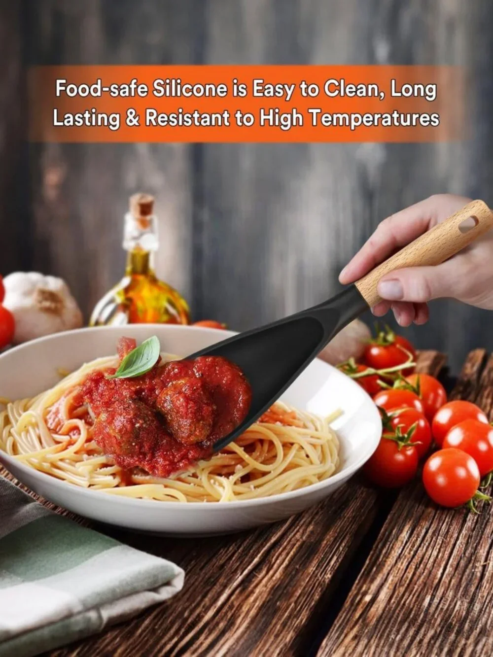 Nonstick Cooking Spoon Set - BPA-Free Silicone & Wood Handle, 11.4